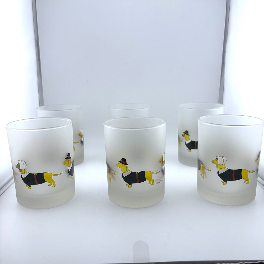 Culver Ltd Thanksgiving Pilgrim Dachshund Frosted Glass Tumblers Set of 6